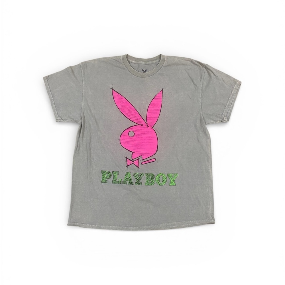 Playboy Pink Bunny Graphic Tee XL Gray Vintage Wash Unisex Streetwear Y2K